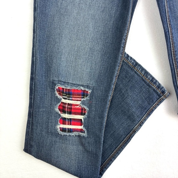 NWT Nordstrom Black Label Distress Red/Black Buffalo Plaid Patch Skinny Jean 27 - Picture 7 of 16